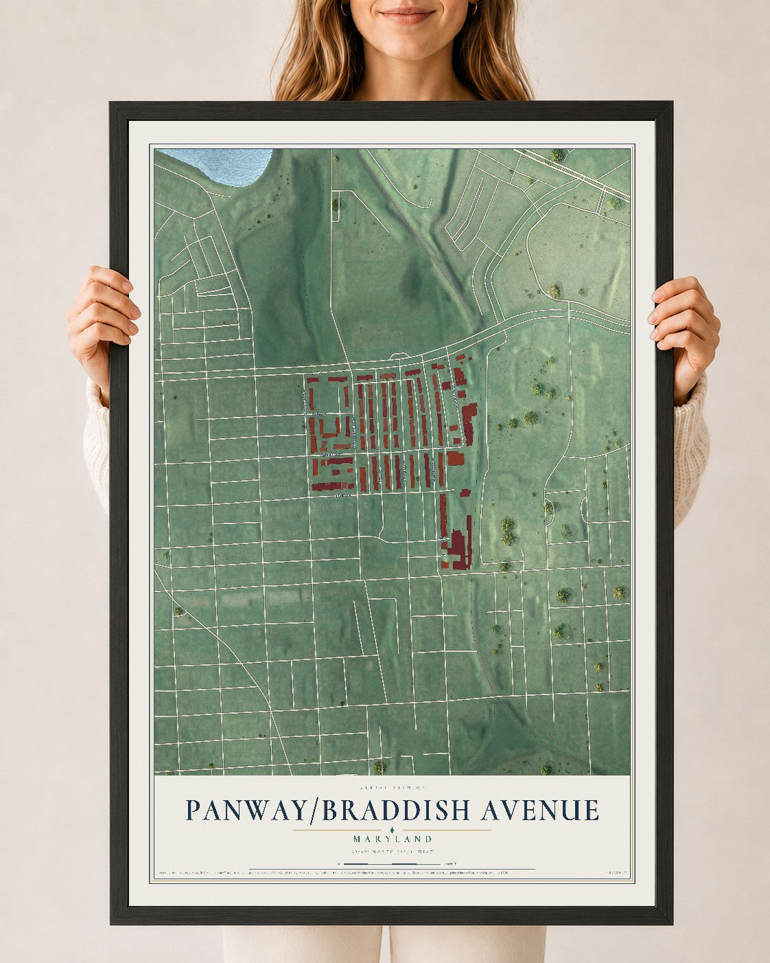 Map of Panway-Braddish Avenue, Maryland, 24 x 36 inch print in a black wood frame