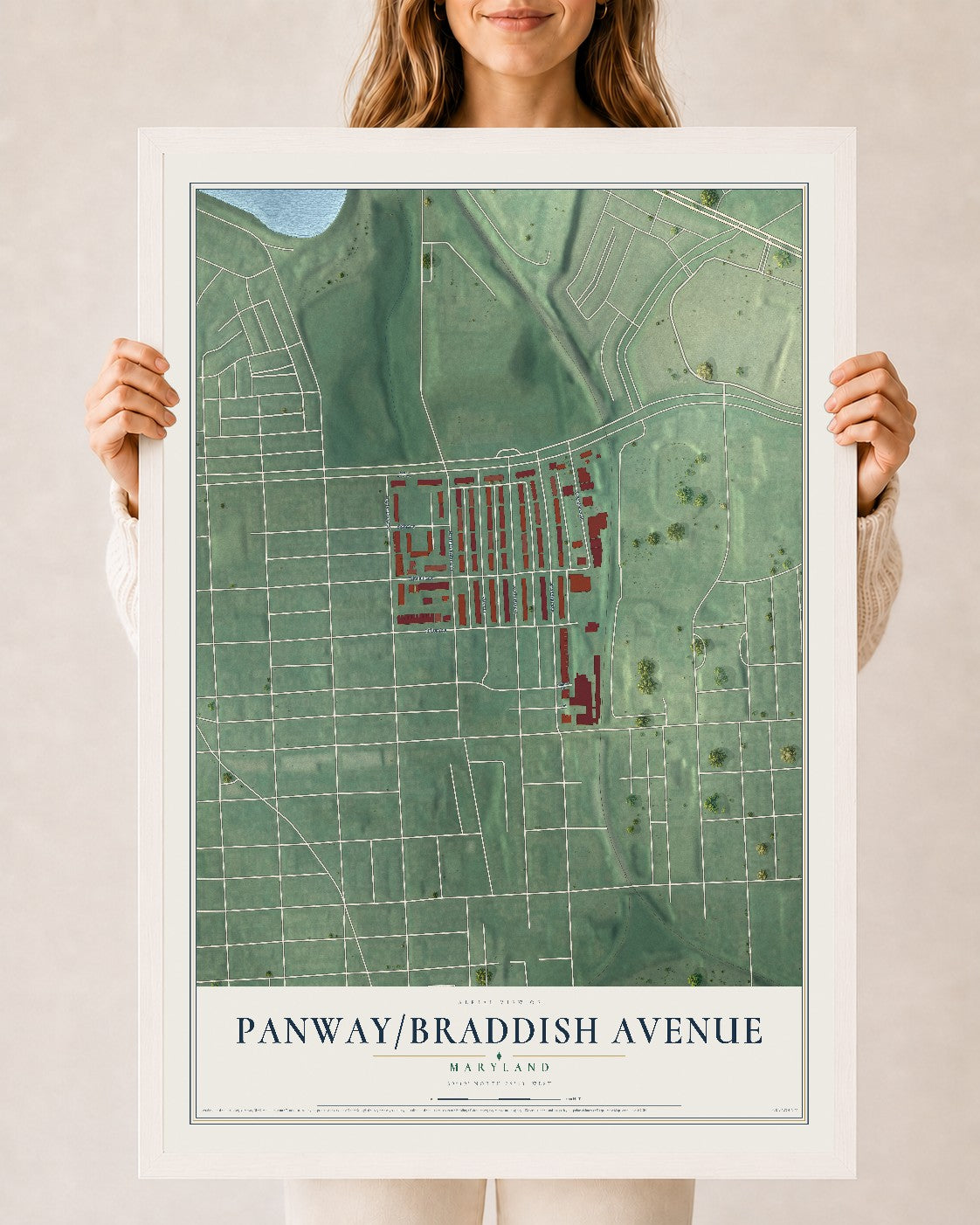 Map of Panway-Braddish Avenue, Maryland, 24 x 36 inch print in a white wood frame