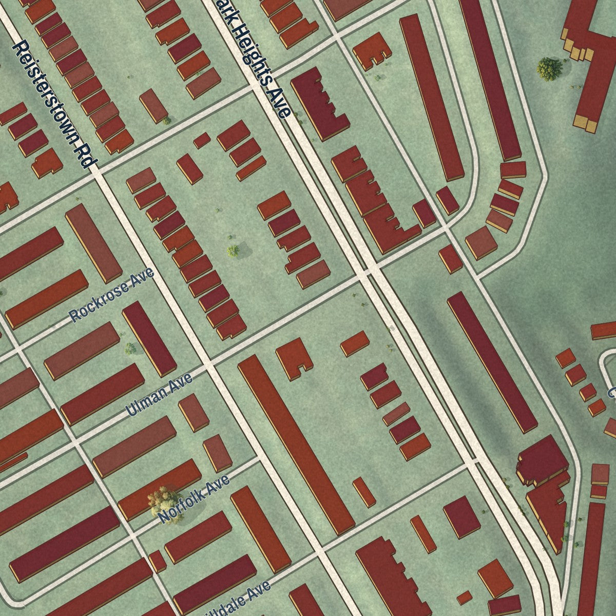 Close-up of the map of Park Circle, Maryland print showing street and building detail