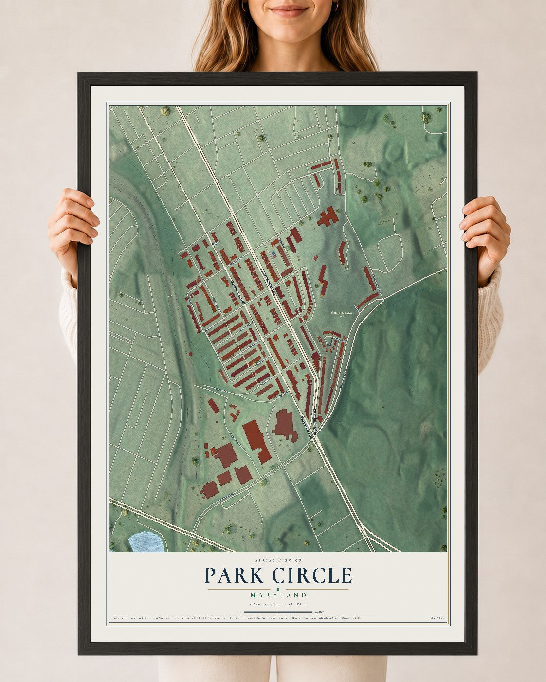 Map of Park Circle, Maryland, 24 x 36 inch print in a black wood frame