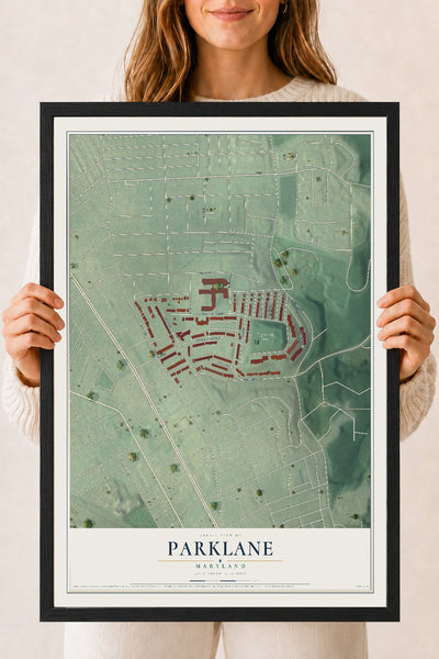 Map of Parklane, Maryland, 18 x 24 inch print in a black wood frame