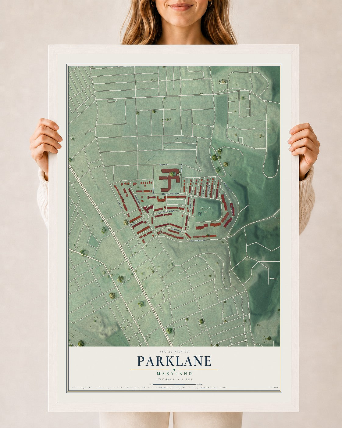 Map of Parklane, Maryland, 24 x 36 inch print in a white wood frame