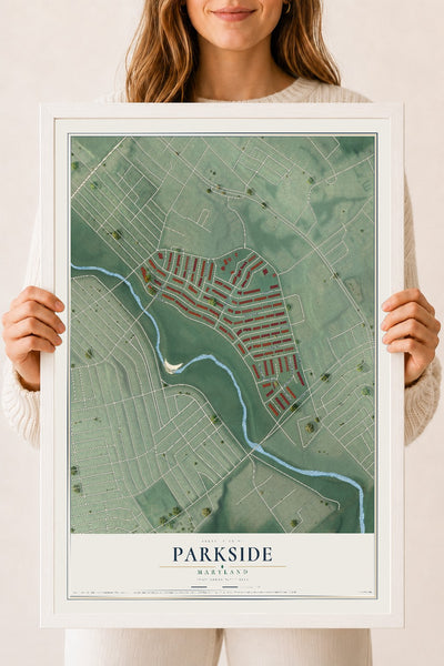 Map of Parkside, Maryland, 18 x 24 inch print in a white wood frame