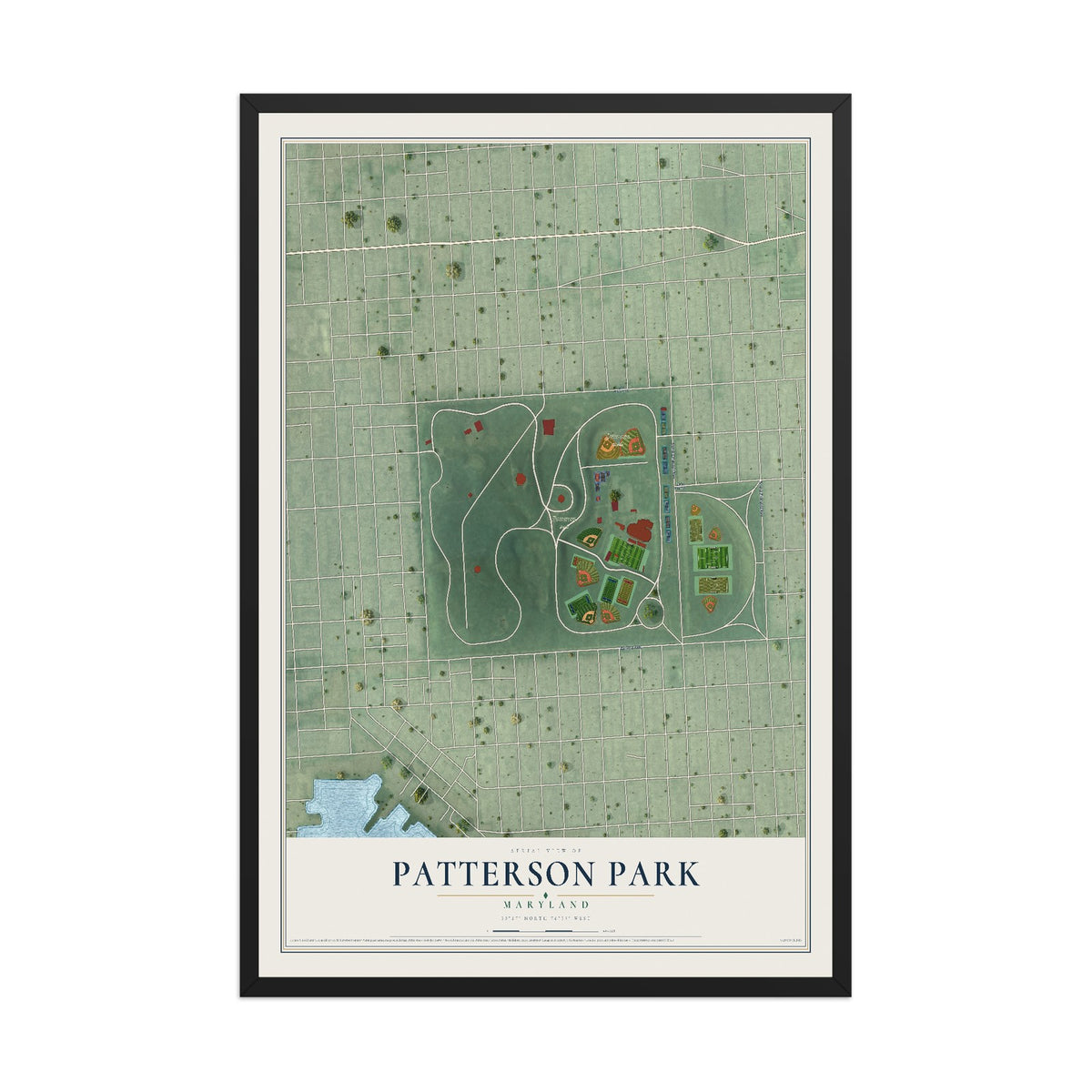 Map of Patterson Park, Maryland, 12 x 18 inch print in a black wood frame