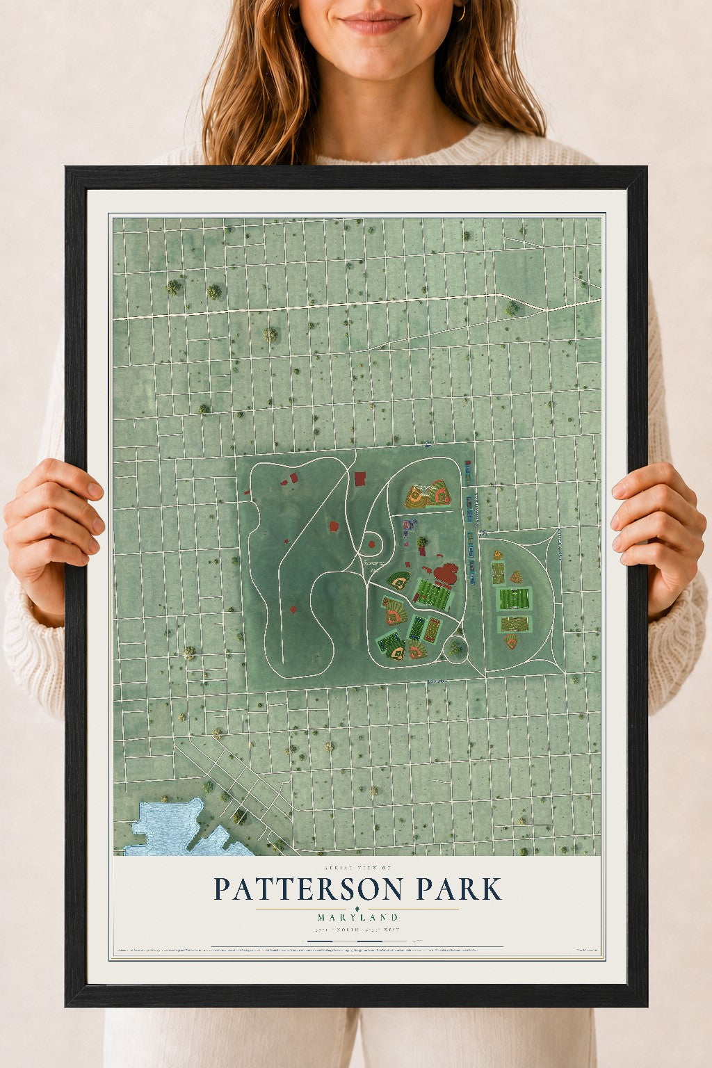Map of Patterson Park, Maryland, 18 x 24 inch print in a black wood frame