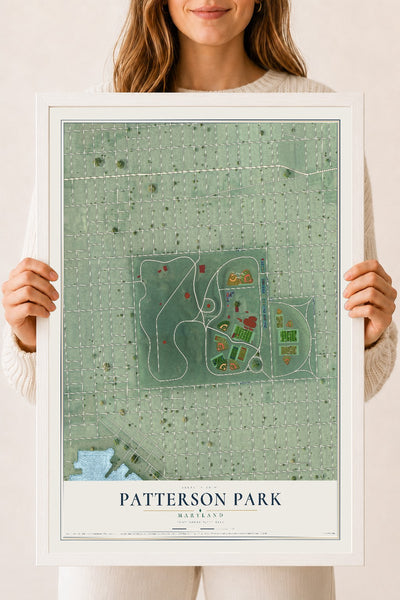 Map of Patterson Park, Maryland, 18 x 24 inch print in a white wood frame