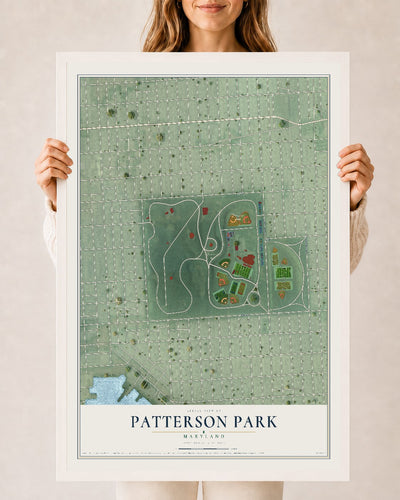 Map of Patterson Park, Maryland, 24 x 36 inch print in a white wood frame
