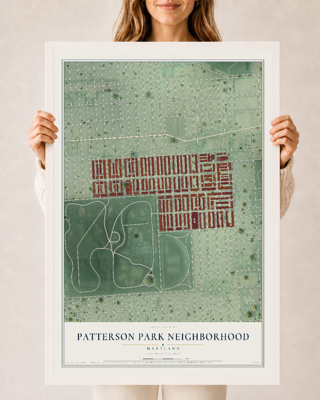 Map of Patterson Park Neighborhood, Maryland, 24 x 36 inch print in a white wood frame