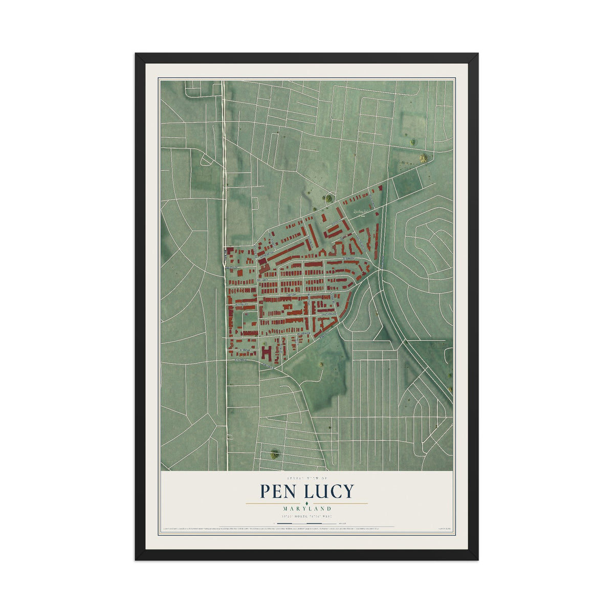 Map of Pen Lucy, Maryland, 12 x 18 inch print in a black wood frame