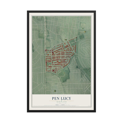 Map of Pen Lucy, Maryland, 12 x 18 inch print in a black wood frame