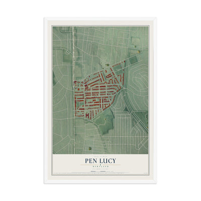 Map of Pen Lucy, Maryland, 12 x 18 inch print in a white wood frame