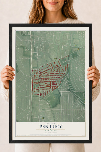 Map of Pen Lucy, Maryland, 18 x 24 inch print in a black wood frame