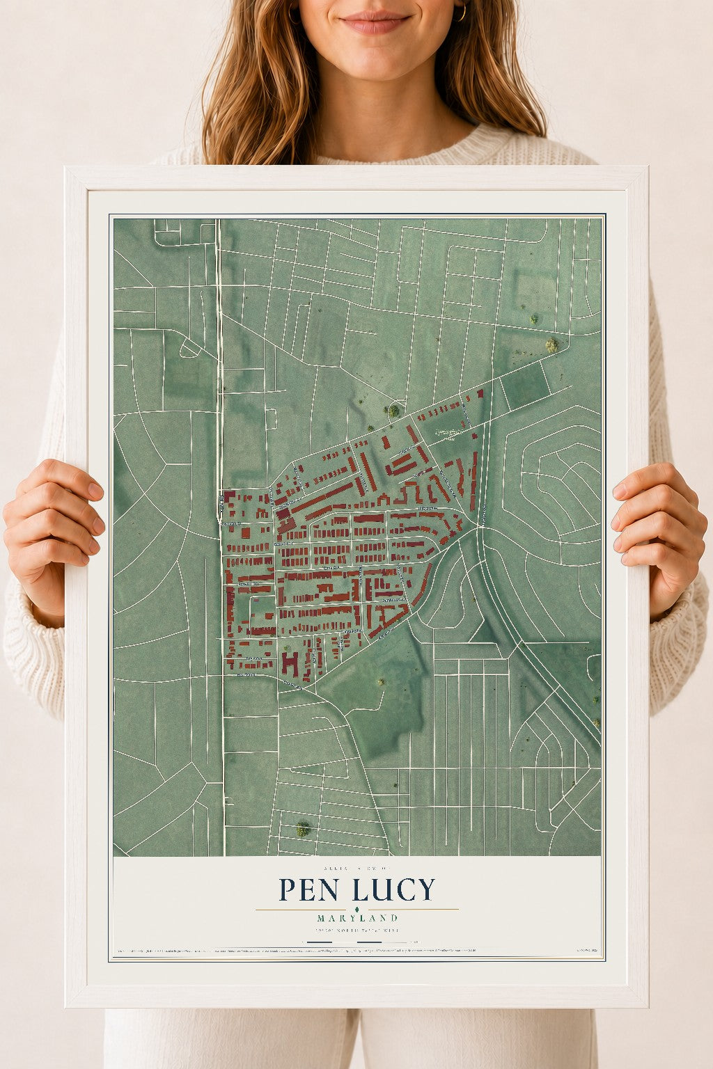 Map of Pen Lucy, Maryland, 18 x 24 inch print in a white wood frame