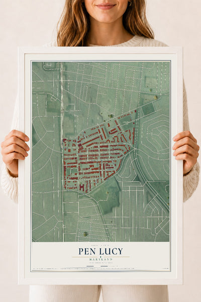 Map of Pen Lucy, Maryland, 18 x 24 inch print in a white wood frame
