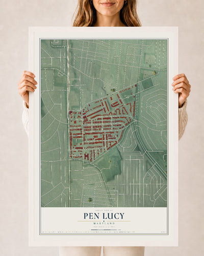 Map of Pen Lucy, Maryland, 24 x 36 inch print in a white wood frame