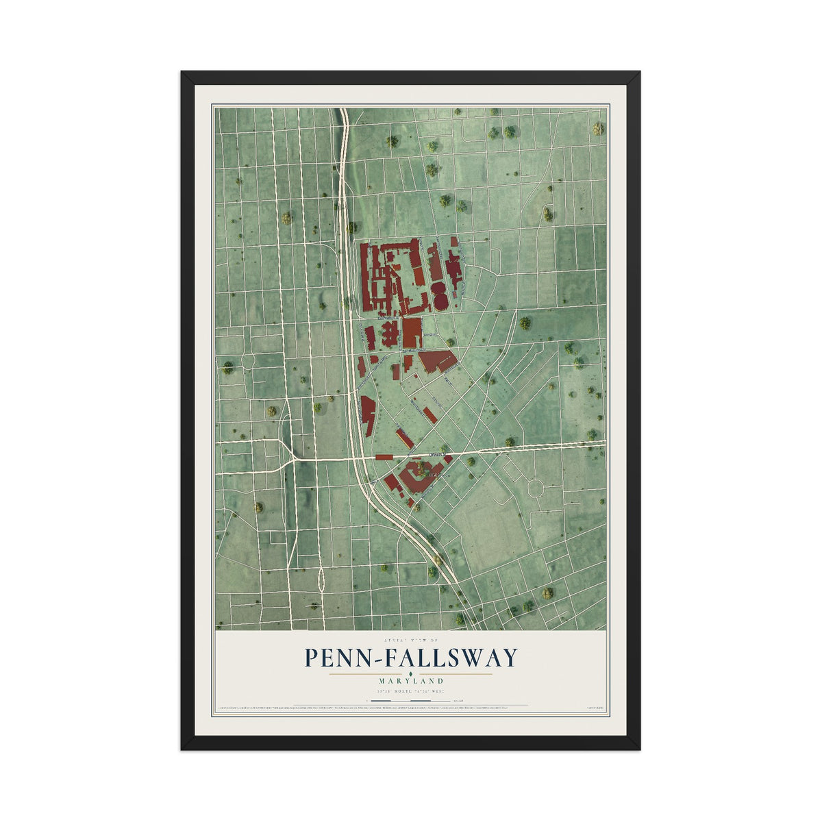 Map of Penn-Fallsway, Maryland, 12 x 18 inch print in a black wood frame