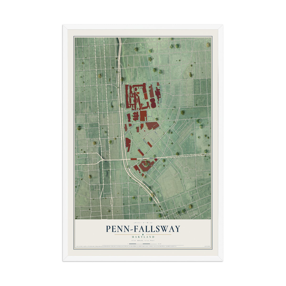 Map of Penn-Fallsway, Maryland, 12 x 18 inch print in a white wood frame