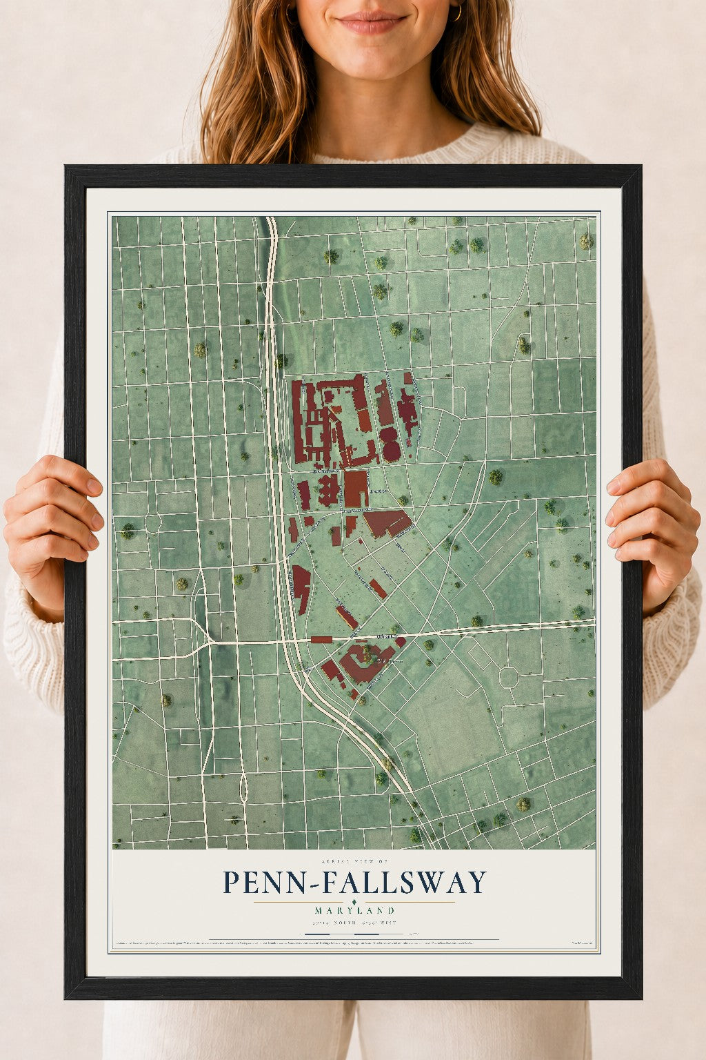 Map of Penn-Fallsway, Maryland, 18 x 24 inch print in a black wood frame