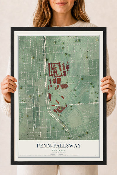 Map of Penn-Fallsway, Maryland, 18 x 24 inch print in a black wood frame