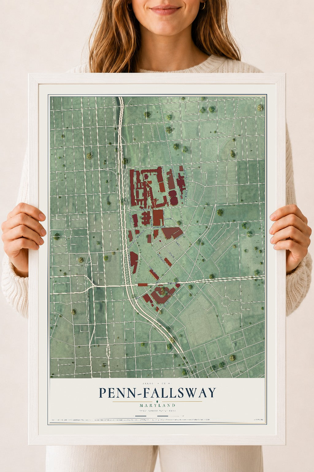 Map of Penn-Fallsway, Maryland, 18 x 24 inch print in a white wood frame