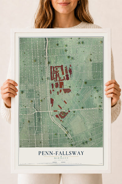 Map of Penn-Fallsway, Maryland, 18 x 24 inch print in a white wood frame