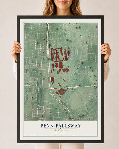 Map of Penn-Fallsway, Maryland, 24 x 36 inch print in a black wood frame