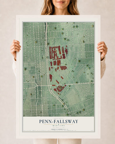 Map of Penn-Fallsway, Maryland, 24 x 36 inch print in a white wood frame