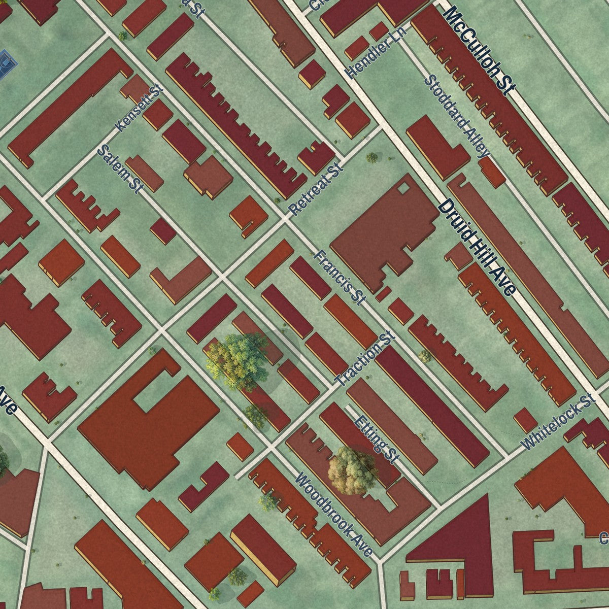 Close-up of the map of Penn North, Maryland print showing street and building detail