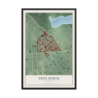 Map of Penn North, Maryland, 12 x 18 inch print in a black wood frame