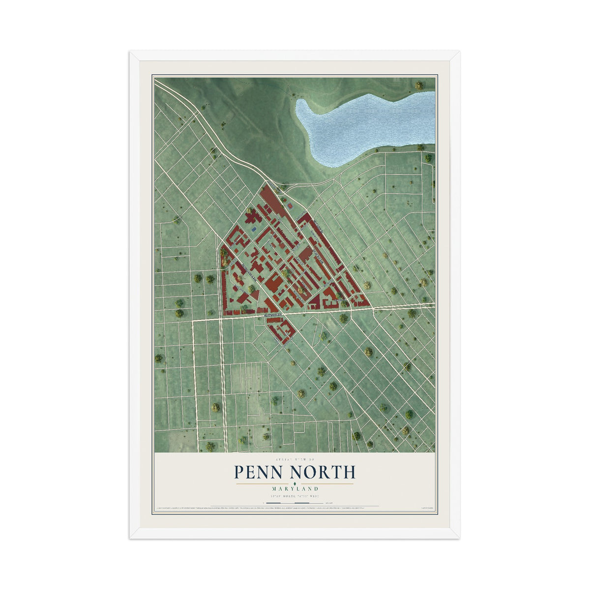 Map of Penn North, Maryland, 12 x 18 inch print in a white wood frame