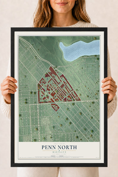 Map of Penn North, Maryland, 18 x 24 inch print in a black wood frame
