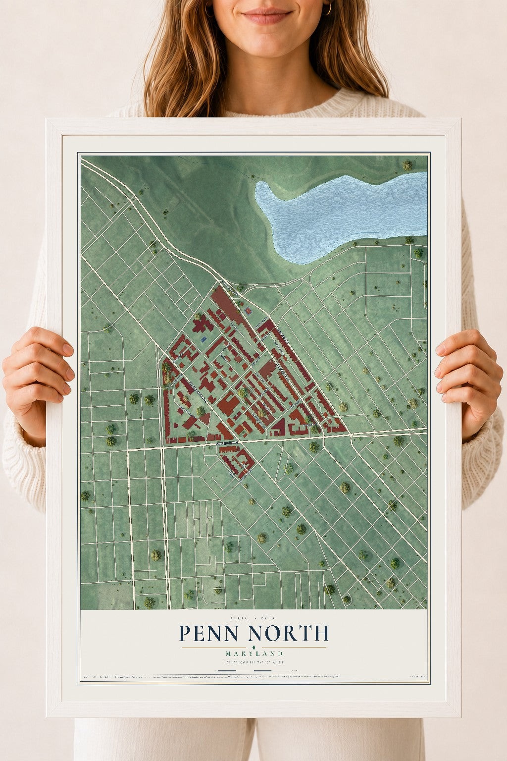 Map of Penn North, Maryland, 18 x 24 inch print in a white wood frame