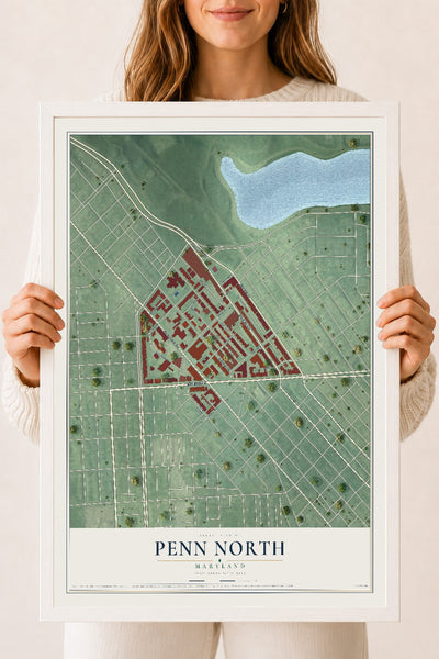 Map of Penn North, Maryland, 18 x 24 inch print in a white wood frame