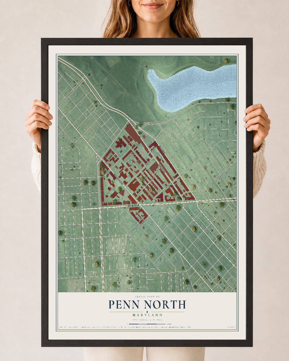 Map of Penn North, Maryland, 24 x 36 inch print in a black wood frame