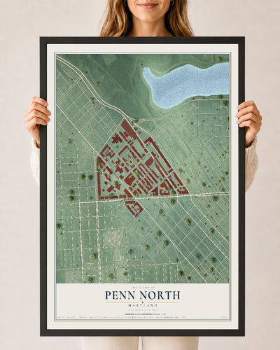 Map of Penn North, Maryland, 24 x 36 inch print in a black wood frame