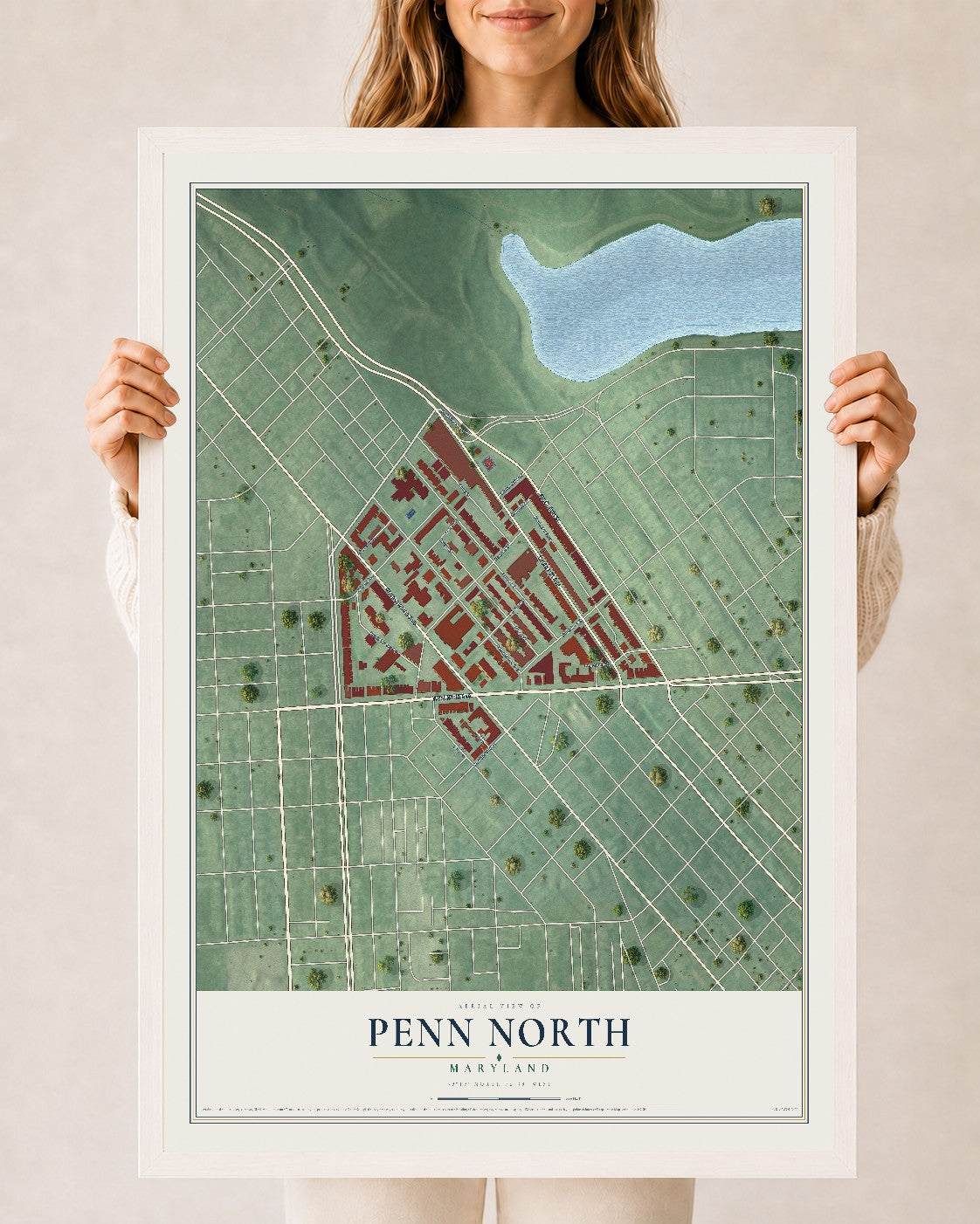 Map of Penn North, Maryland, 24 x 36 inch print in a white wood frame