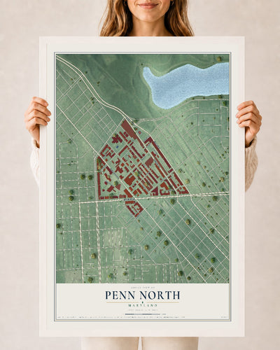 Map of Penn North, Maryland, 24 x 36 inch print in a white wood frame