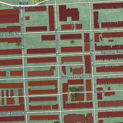 Close-up of the map of Penrose-Fayette Street Outreach, Maryland print showing street and building detail