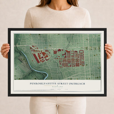 Map of Penrose-Fayette Street Outreach, Maryland, 12 x 18 inch print in a black wood frame