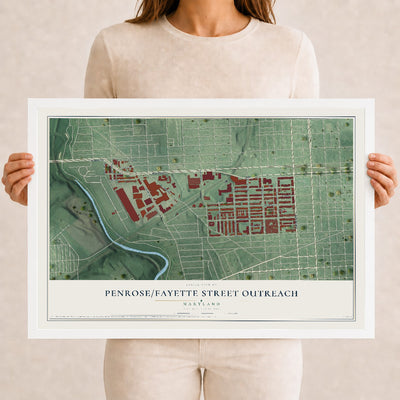 Map of Penrose-Fayette Street Outreach, Maryland, 12 x 18 inch print in a white wood frame