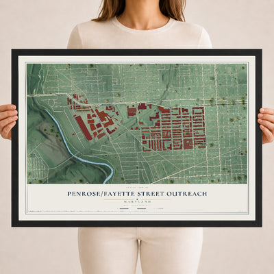 Map of Penrose-Fayette Street Outreach, Maryland, 18 x 24 inch print in a black wood frame