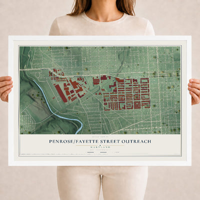 Map of Penrose-Fayette Street Outreach, Maryland, 18 x 24 inch print in a white wood frame