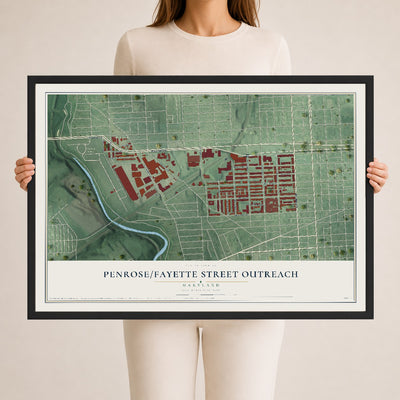 Map of Penrose-Fayette Street Outreach, Maryland, 24 x 36 inch print in a black wood frame