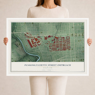 Map of Penrose-Fayette Street Outreach, Maryland, 24 x 36 inch print in a white wood frame