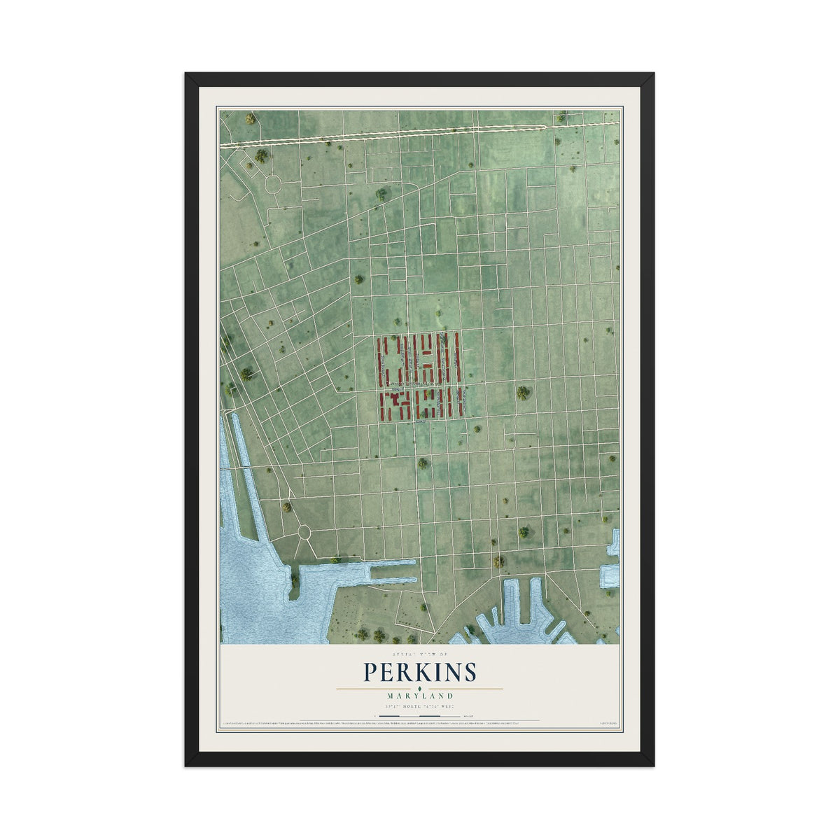 Map of Perkins, Maryland, 12 x 18 inch print in a black wood frame