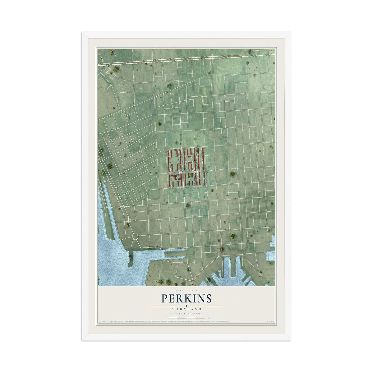 Map of Perkins, Maryland, 12 x 18 inch print in a white wood frame