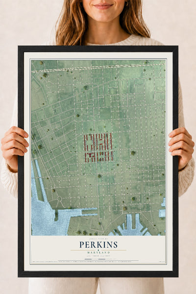 Map of Perkins, Maryland, 18 x 24 inch print in a black wood frame