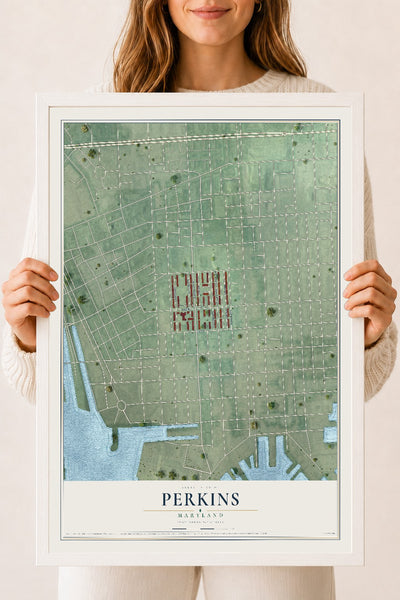 Map of Perkins, Maryland, 18 x 24 inch print in a white wood frame