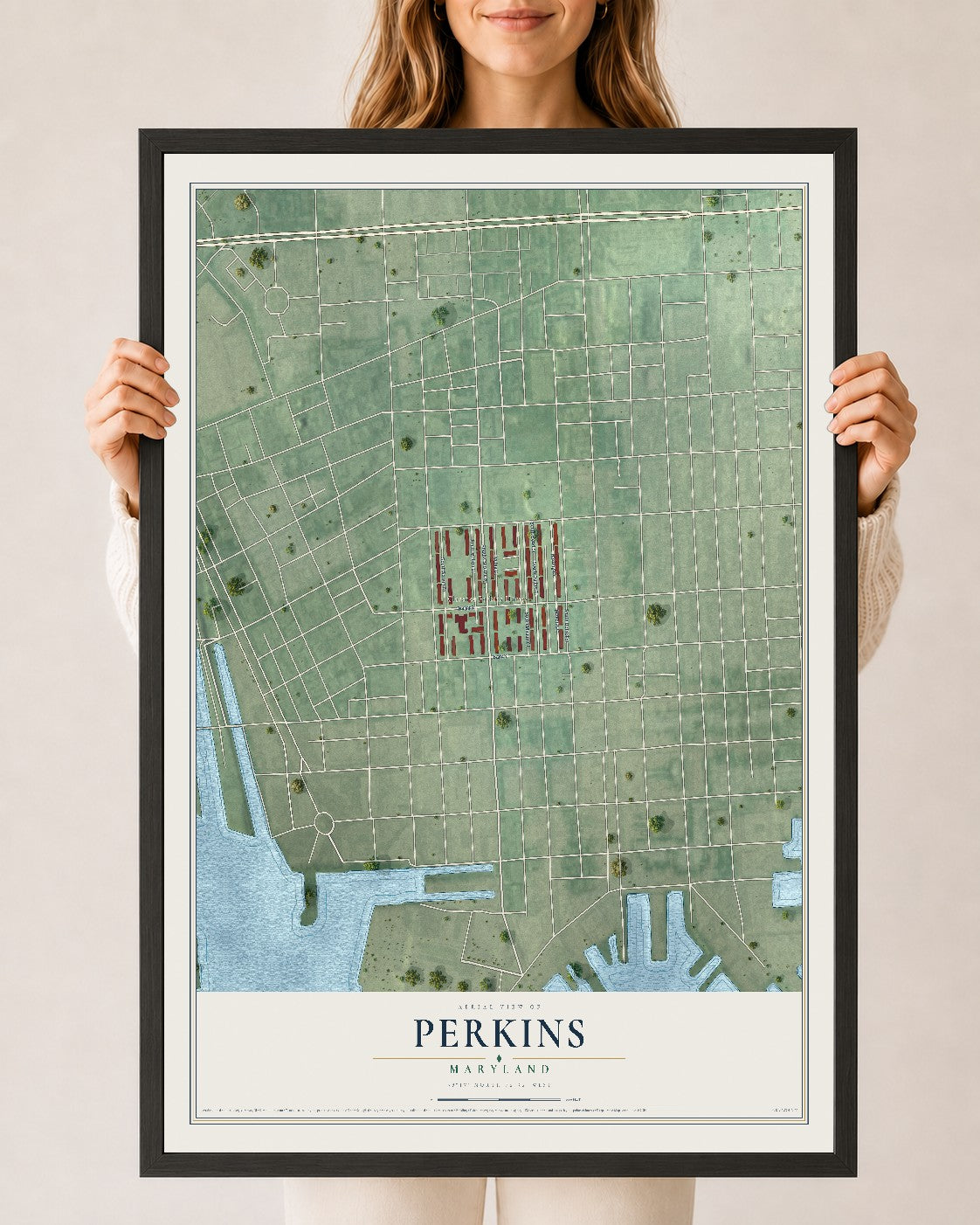 Map of Perkins, Maryland, 24 x 36 inch print in a black wood frame