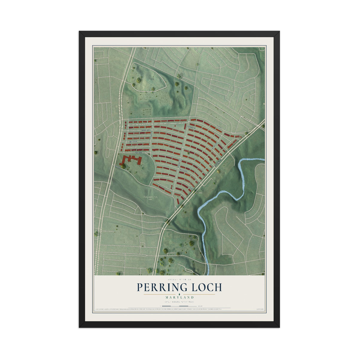 Map of Perring Loch, Maryland, 12 x 18 inch print in a black wood frame